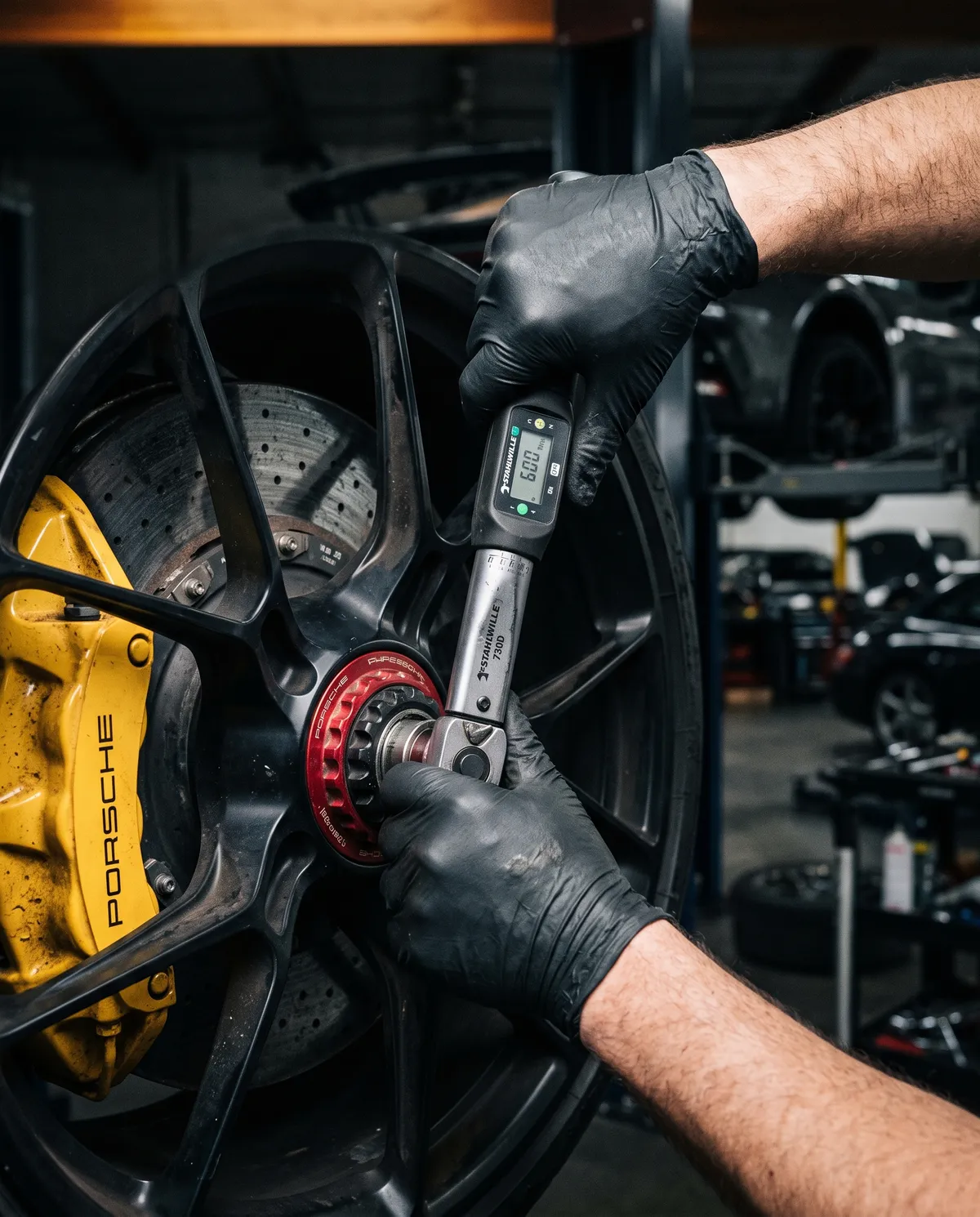 A technician torques the center-lock wheel nut on a Porsche 911 with a calibrated digital torque wrench